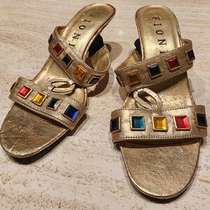 NEW VINTAGE FIONI Gold Slide Sandals with Multicolor Gem Accents sz 6.5